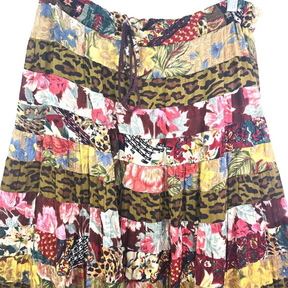 Vintage 80s 90s Brown Animal Floral Patchwork Boho Gypsy Maxi Broom Skirt - Picture 2 of 9